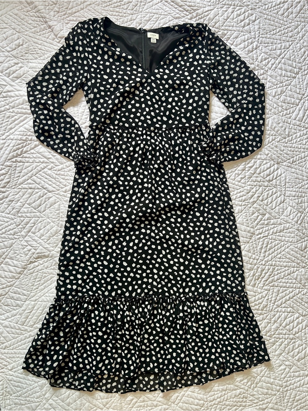 J. Crew Black & White Polka Dot Long Sleeve Midi Dress With Ruffle